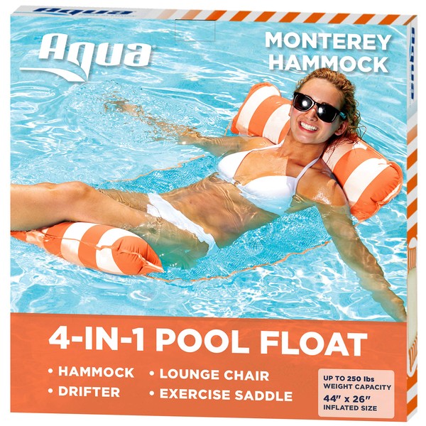AQUA 4-in-1 Monterey Hammock Inflatable Pool Float, Multi-Purpose Pool Hammock (Saddle, Lounge Chair, Hammock, Drifter) Pool Chair, Portable Water Hammock, Orange/White Stripe
