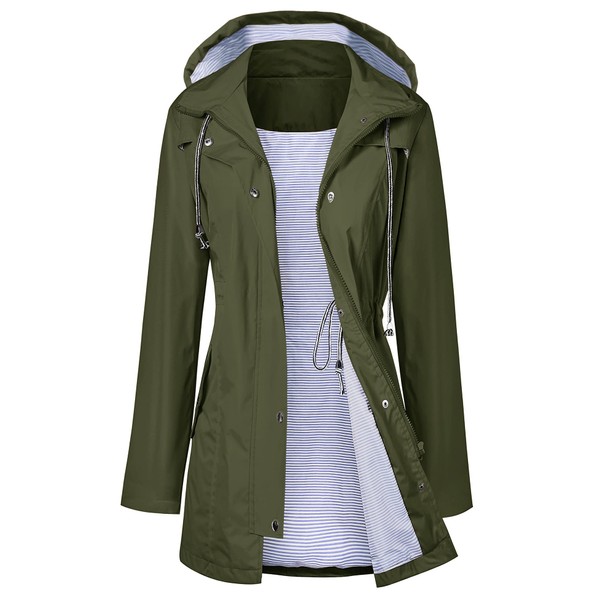 LOMON Raincoat Women Waterproof Long Hooded Trench Coats Lined Windbreaker Travel Jacket Army Green L