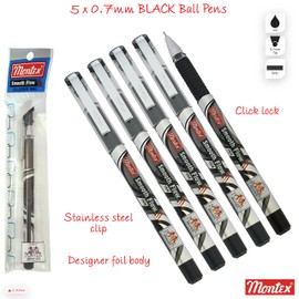 Montex 5 x 0.7mm Steel Tip Smooth Flow Ball Pen BLACK Ballpoint Pens Glider Ink