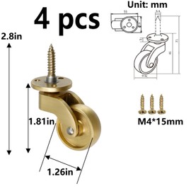 Semetall 1-1/4 Inch Solid Brass Swivel Caster for All Floor Mat Polished Brass Finish Caster Wheels Replacement for Chairs/Tables/Furniture,Set of 4