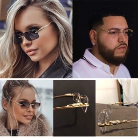 ADE WU Vintage Rimless Sunglasses Retro Rectangle Gold Metal Frameless Tint Lens 2000s Trendy Glasses Women Men (2 Pack: Clear & Black)