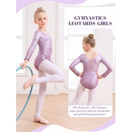 Monbessi Girls' Long-Sleeved Glittery Children's Leotard Round Neck Dancewear 5-12 Years, purple