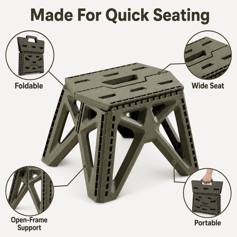 Folding Camp Stool for Outdoor Seating - Compact Plastic Seat