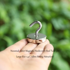 Neosmuk 170lb+ Extra Strong Magnet with Hook for Fridge,Heavy Duty Cruise Hook for Ceiling,Small Magnetic Holder for Van, Tool(Silver, Pack of 4)