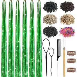 Hair Tinsel, Hair Tinsel Kit for Girls 1800 Strands Fairy Tinsel Hair Extensions Holographic Hair Tinsel Heat Resistant Colored Hair Glitter Christmas Party Festival (Green)