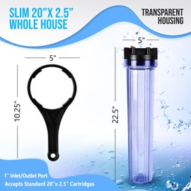 20 x 2.5-Inches Transparent Slim Whole House Water Filter Purifier System with Presser Relief Button, 1” Inlet/Outlet Port & Yearly Supply (3) Granular Coconut Shell Activated Carbon Cartridges