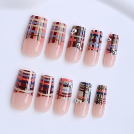 Uas postizas medianas cuadradas con punta francesa y diseo a cuadros, con cuentas plateadas, acabado brillante. Kit de manicura para mujeres, fiestas y bodas. 24 unidades.