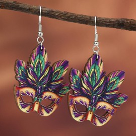 Wendalern Carnival Masks Earrings Tribal Wooden Masks Dangle Earrings Colourful Mask Drops Hollowed Earrings Festive Carnival Jewellery for Women and Girls, Wood, No Gemstone