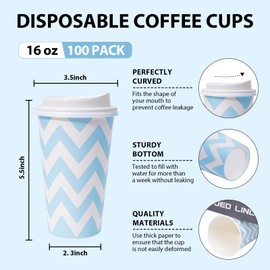 Tamone 100 PACK 16OZ Disposable Coffee Cups with Lids, To Go Coffee Cups with Lids Leak Proof, Blue Paper Cups for Cold/Hot Beverage Chocolate Cocoa for Home Office Party