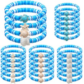 Huquary 24 Pcs Under the Sea Party Favors Ocean Polymer Clay Beaded Bracelets Bulk Shell Turtle starfish Ankle Bracelets for Under the Sea Themed Birthday Summer Beach Party Supplies