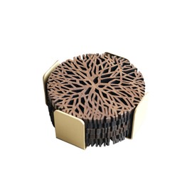 Wooden Decorative Coasters Set of 6 with Holder, Modern Coasters Set for Drinks, Tree of Life Coasters, Walnut Wood & Brass Holder (Round)