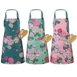 Candcamp 3 Pack Aprons for Women, Large Size Rose Adjustable Neck Waterproof Aprons with Pockets, Easy Clean Kitchen Cooking Aprons for Cooking, Gardening, Housework, BBQ