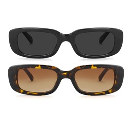 Teumire Retro Rectangle Sunglasses for Women Men Small Square Frame Sun Glasses 2 Pack (Black/Black + Leopard/Brown)