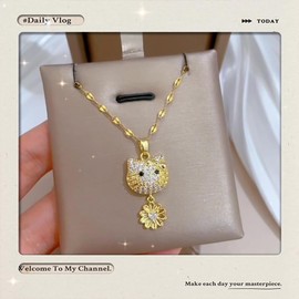 LEXINHS Gold Plated Cat Pendant Necklace with Cubic Zirconia Stones, 18 inches Chain jewelry, 18in, Brass, Rhinestone