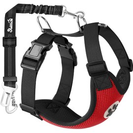 SlowTon Arnés para Perro Grandes Pequeñas Medianas, 2 En 1 Ajustable Cinturón de Seguridad para Perros Reflectante & Arnés de Coche Cómodo Ligero Malla Transpirable para Viajes Mayoría de Vehículo (M, Rojo)