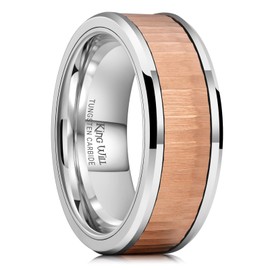 King Will Mens Tungsten Wedding Bands, Gunmetal Engagement Ring Inlay Vertical Rose Gold Hammer Pattern, High Polished Beveled Edge - Suitable For Daily Wear, Comfort Fit Size 8