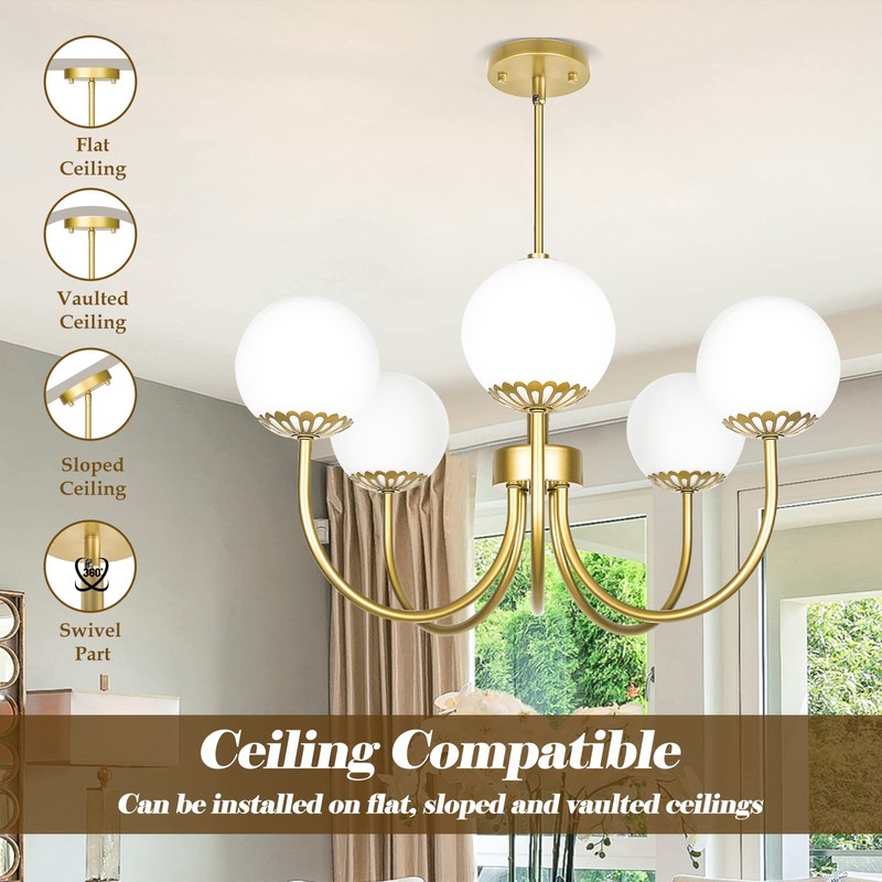 Yolsunes 5-Light Gold Chandelier, Globe Modern Sputnik Light Fixture with