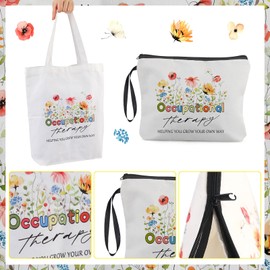 3 Pcs OT Gifts Occupational Therapy Gifts Flower Canvas Tote Bag Makeup Bag Cosmetic Bag Therapist Keychain for Occupational Therapists OT Appreciation Gifts Speech Therapist Gift for Woman,