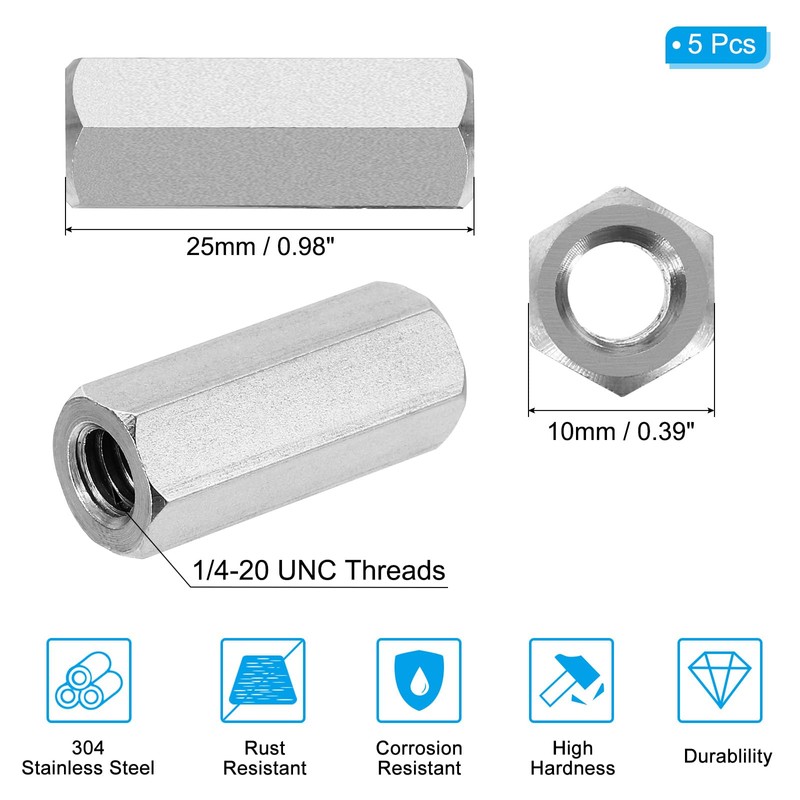 PATIKIL 1/4"-20 UNC 304 Stainless Steel Hex Coupling Nuts, 5Pcs