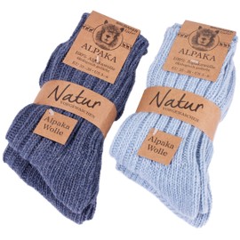 Brubaker Alpaca Socks, Very Thick Fluffy and Warm – Pure Alpaca Wool, 4 Pairs - Blue Tones, size: 39-42