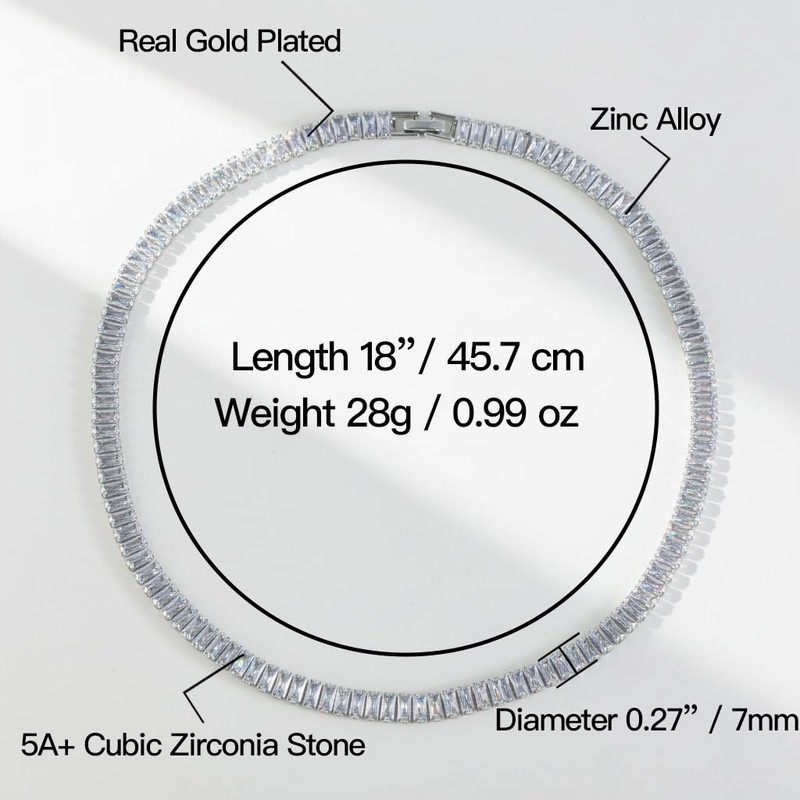PanLuca Rectangle Zirconia Tennis Necklace for Women Men, 14k White