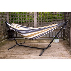 Vivere Double Cotton Hammock with Space Saving Steel Stand, Desert Moon (450 lb Capacity - Premium Carry Bag Included)