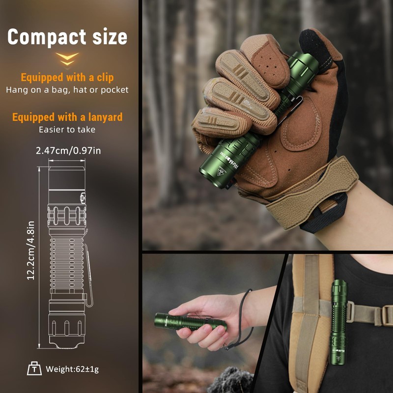 Wurkkos TD02 LED Flashlight, 2000 High Lumens Tactical Flashlight, Rechargeable