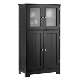 LOKO Bathroom Floor Cabinet, Storage Organizer with Glass Doors, Wooden Kitchen Cupboard with Adjustable Shelf, Versatile Floor Storage Cabinet for Bathroom, Living Room & Kitchen (Black)