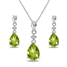 GemStar USA Sterling Silver Peridot & White Topaz Pear-Cut Teardrop Dangling Stud Earrings & Necklace Set