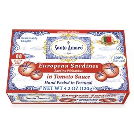 SANTO AMARO European Wild Sardines in Tomato Sauce from Puree (12 Pack, 120g Each) IBERIA STYLE! 100% Natural - Canned Wild Sardines in Natural Tomato Sauce - GMO FREE - Hand Packed in PORTUGAL