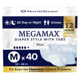 NorthShore MegaMax Adult Overnight Diapers, 12-Hour Tab-Style, Medium, 40 Count Case, White, 32-44 inches, Unisex Incontinence Underwear