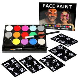 Children's Make-Up Set - 15 Colours Face & Body Paint, 30 Stencils & 2 Professional Brushes, Makeup Palette for Children & Adults, Skin-Friendly & Easy to Wipe Clean for Carnival, Fancy Dress