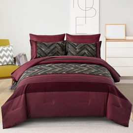 Luxudecor Burgundy Comforter Set Queen Size 7 Pieces Red and Black Stripe Bed in a Bag Geometric Comforter and Sheet Set, Soft Microfiber Complete Bedding Sets for All Seasons