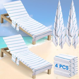 Redbaker 4 Pack Pure Cotton Pool Chair Cover and Beach Towel Set Stripe Lounge Chair Towel Covers with Top and Side Pockets Oversized Beach Chair Towel for Sunbathing Pool Lawn Patio (Blue)