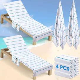 Redbaker 4 Pack Pure Cotton Pool Chair Cover and Beach Towel Set Stripe Lounge Chair Towel Covers with Top and Side Pockets Oversized Beach Chair Towel for Sunbathing Pool Lawn Patio (Blue)