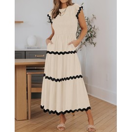 ZESICA Women's Summer Flutter Short Sleeve Smocked Midi Dress Casual High Waist Rickrack Tiered Flowy Dresses,Apricot,Medium