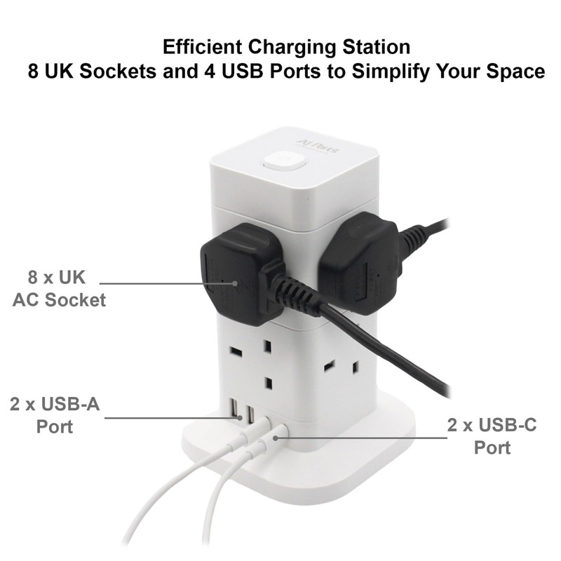 Tower Extension Lead with USB Solts,[13A 3250W] 8 Outlets and