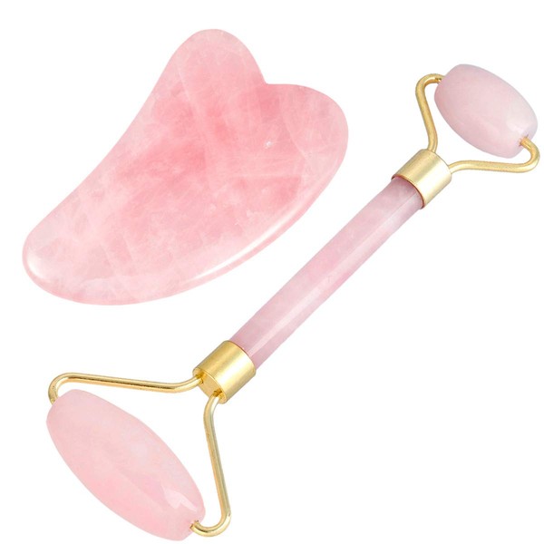 mookaitedecor Rose Quartz Roller & Gua Sha Tool for Face and Neck Massage, Facial Massager for Anti Aging