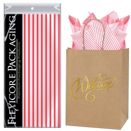 Flexicore Packaging Natural Brown Kraft Paper Welcome Bags & Red Gift Wrap Tissue Paper | Size: 8 Inch X 4.75 Inch X 10.5 Inch | Count: 50 Bags | Color: Red Pin Stripe