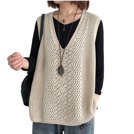 KOEKOI Women's Knit Vest, Embroidered Tops, Casual, Solid Color, Openwork, Retro, Large Sizes, Layered-Style, Women’s Top, Knit Sweater, Stylish, Floral Pattern, Beautiful Knit, nude