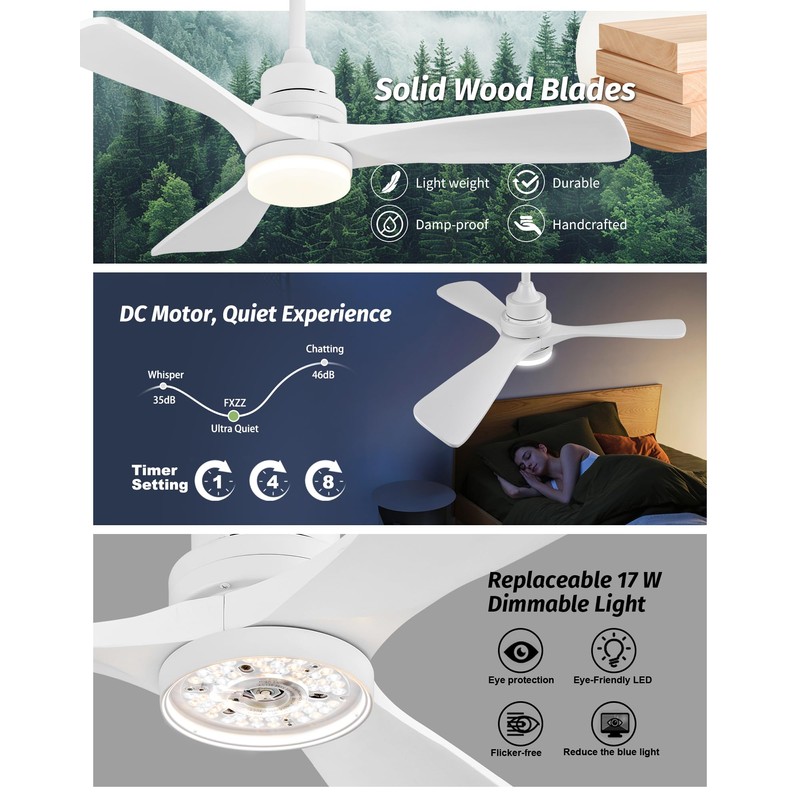 FXZZ 42 Inch Ceiling Fan with Lights, Remote Control, Dimmable,