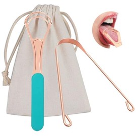 Juego de 2 limpiadores de lengua de cobre para adultos y niños, cepillo de lengua oral de acero inoxidable de metal para raspador para respiración fresca y cuidado de la higiene de la boca con bolsa de viaje