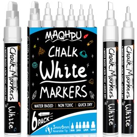Maqhpu White Chalk Pens for Windows & Blackboard, Washable, Pack of 6 Chalk Markers, Windows, Whiteboard Markers, Window Painting Pens, Blackboard Pens for Glass & Spice Jars (1 mm, 3 mm, 6 mm, 10 mm)