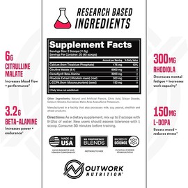 Outwork Nutrition Pre-Workout Supplement with Nootropics - Energy & Mental Focus for Better Workouts - Backed by Science (226 Grams) (Caffeine Free Tropical Candy)