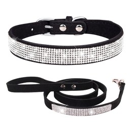 Black Bling Puppy Collar and Leash Set, Pretty Diamond Rhinestone Cat Collar Fancy Crystal Glitter Jewel Girl Kitten Collars for XXS XS Small Medium Female Pet Dogs, XXSmall