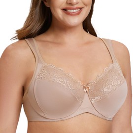 MELENECA Women's Full Coverage Underwire Bra Minimizer Plus Size Lace Comfortable Cushion Strap Beige 36H