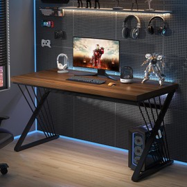 FOLUBAN Computer Desk for Home Office Workstation, Modern Writing Study Work Table, PC Gaming Table for Bedroom Living Room, Rustic Walnut, 53 inch