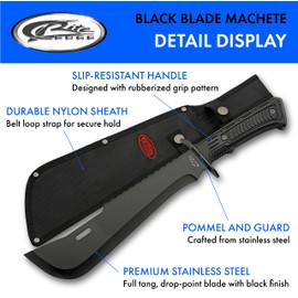 SZCO Supplies 211553-BK Rubberized Handle Full Tang Drop Point Outdoor Survival Machete with Sheath, Black, 16" Length