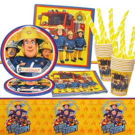 GUBOOM Fireman Sam Party Tableware, Fireman Sam Tableware Set, 73 Pieces Fireman Sam Party Set with Plate, Cup, Tablecloth, Napkins, Straws