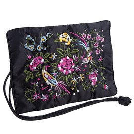 KYEYGWO Embroidery Travel Jewellery Roll with Flowers and Bird Embroidery, Chinese Jewellery Organiser, Portable Roll Bag, Jewellery Bag for Necklaces, Ring, Bracelet Storage, Black